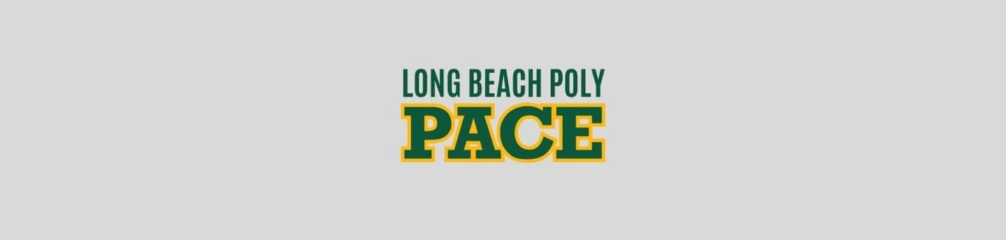 Green text reading "LONG BEACH POLY PACE" is centered on a light gray background.