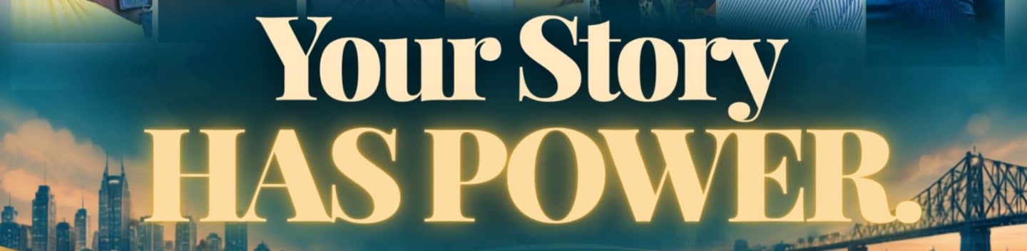 A city skyline with a bridge in the background is overlaid with the glowing text "Your Story HAS POWER."