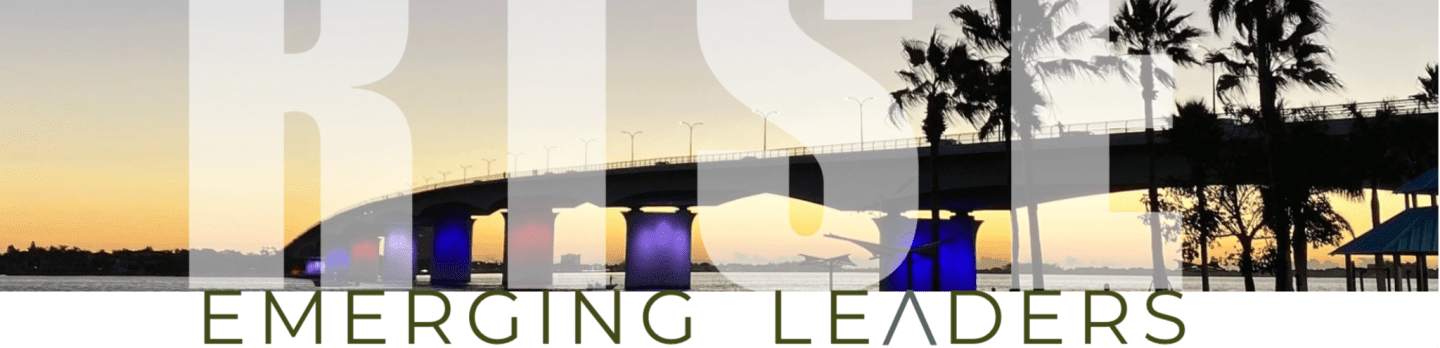 The words "EMERGING LEADERS" are superimposed over a silhouetted bridge and palm trees at sunset.