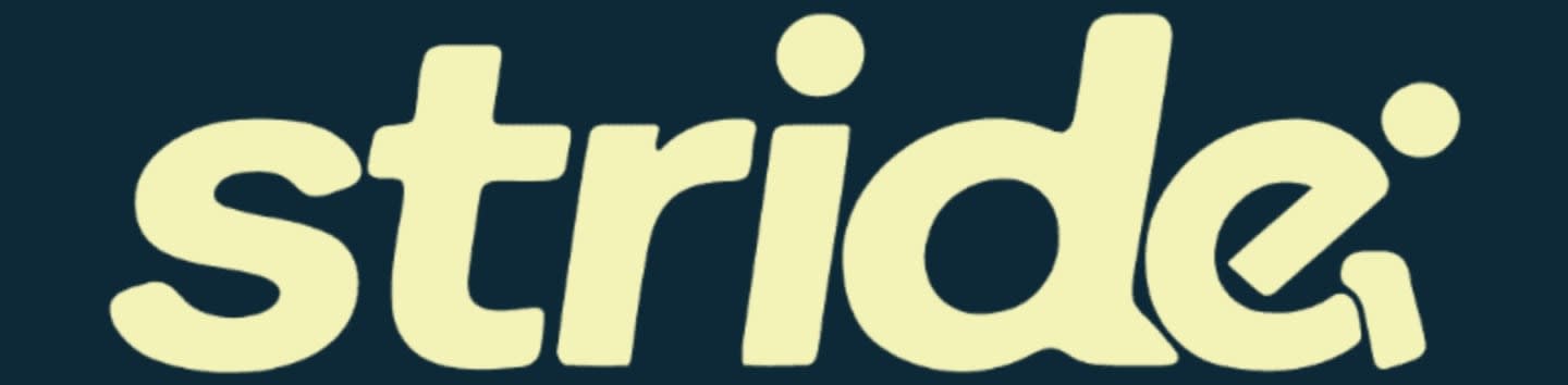 A light yellow "stride" logo with a dot above the "i" and a small circle to the right of the "e" is centered on a dark blue background.