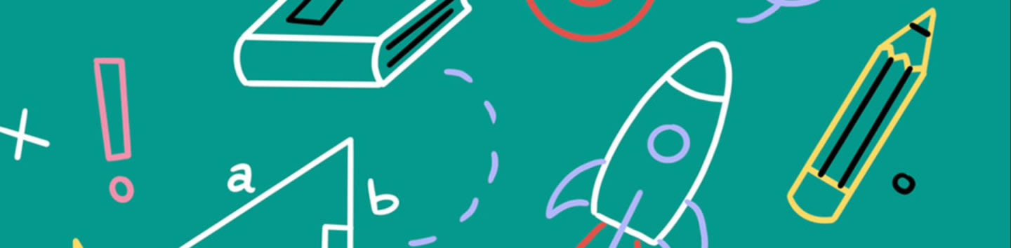 A teal background is filled with various hand-drawn school-related icons, including a book, a rocket, a pencil, and a right triangle.