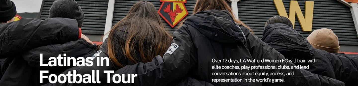 A group of people in black jackets are seen from behind, with the "Latinas in Football Tour" text on the left and a Watford FC logo in the background.