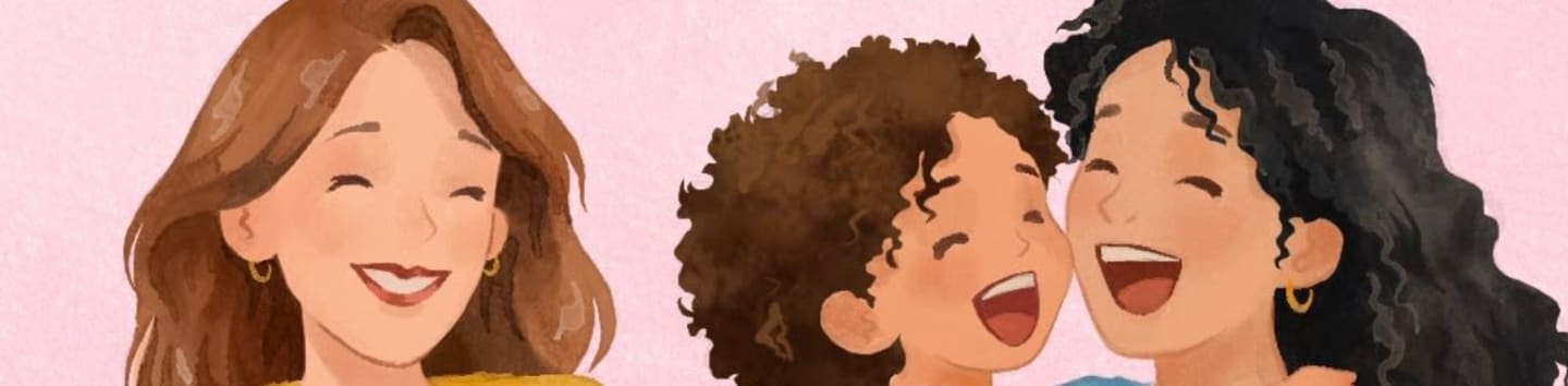Three smiling women of diverse ethnicities are positioned in the foreground against a plain light pink background.