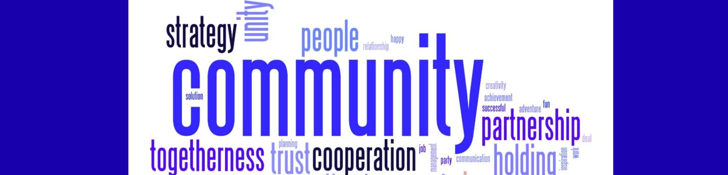 A word cloud featuring the large blue word "community" surrounded by smaller related terms like "togetherness," "trust," and "partnership" against a plain white background.
