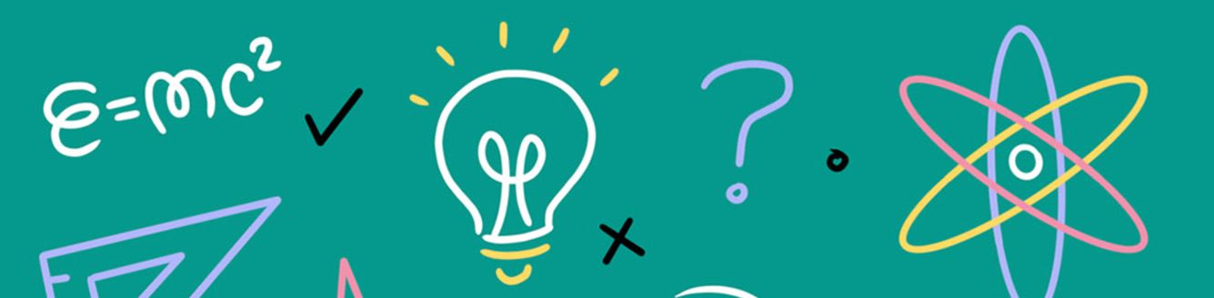 Various science and math doodles, including a lightbulb and an atom, are scattered across a solid teal background.