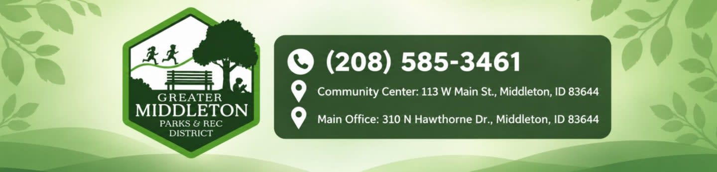 A logo for the Greater Middleton Parks & Rec District and contact information are displayed in the foreground against a light green background with leaf accents.