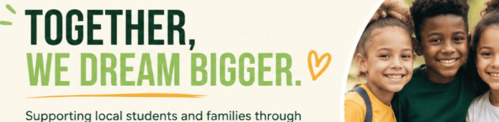 In the foreground, smiling children are featured with text about community outreach, while the background is a light green and cream design with the organization's logo.