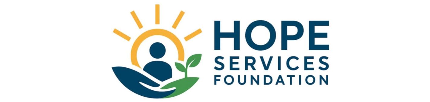 A logo featuring a stylized person cradled by a hand with a rising sun and a small plant in the foreground, set against a plain white background with the text "HOPE SERVICES FOUNDATION" to the right.