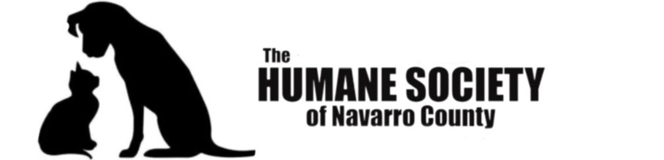 Black silhouettes of a dog and a cat sit beside the text "The HUMANE SOCIETY of Navarro County" against a plain white background.