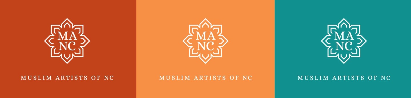 Three white logos featuring a geometric star and the text "MUSLIM ARTISTS OF NC" are set against separate red, orange, and teal backgrounds.