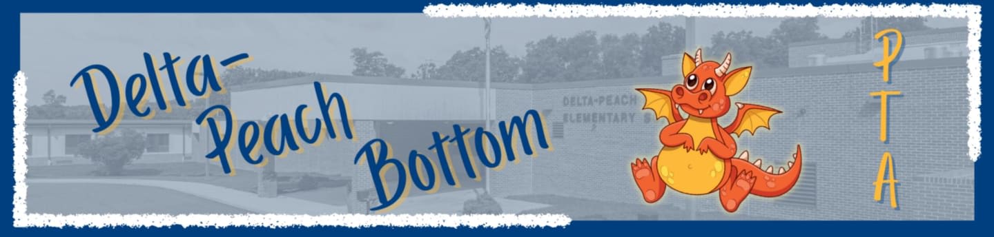 A cute orange dragon and the text "Delta-Peach Bottom PTA" are layered over a faded image of an elementary school building.