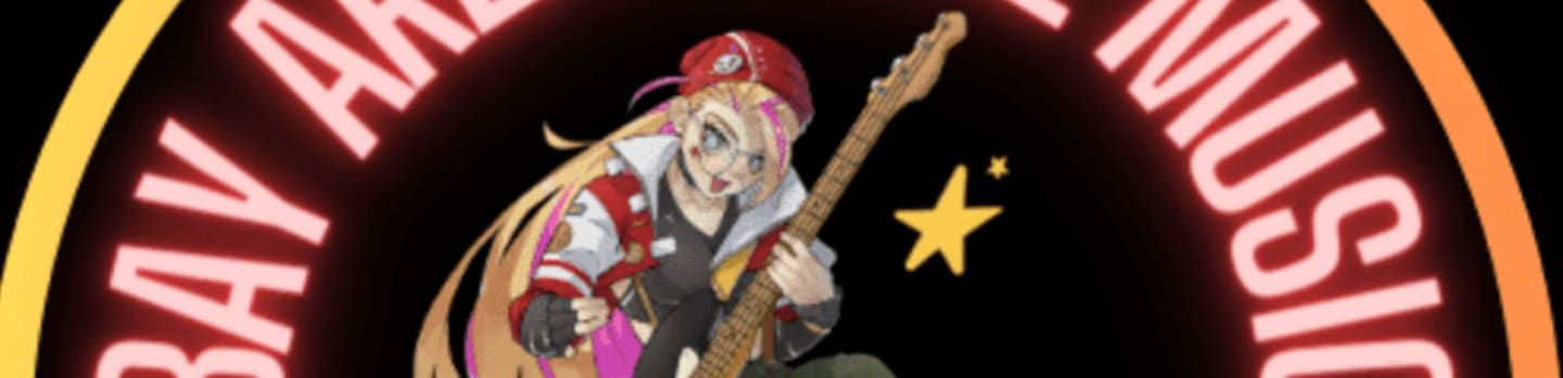 An anime girl with blonde hair and a red hat plays a guitar in the foreground, while the background features a circular logo with the words "BAY AREA ANIME MUSIC" in neon lettering.