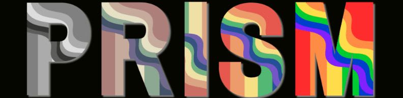 Colorful, wavy letters spelling "PRISM" are in the foreground against a black background, with "THEATRICALS" written below in white.