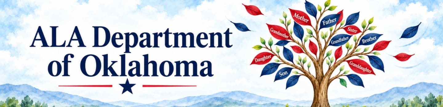 A family tree with labeled leaves stands beside the text "ALA Department of Oklahoma" against a backdrop of blue mountains and a cloudy sky.