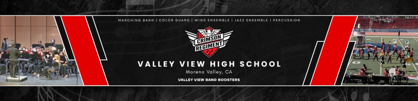 A central black banner with the Valley View High School Crimson Regiment logo and text is flanked by photos of a concert ensemble on the left and a marching band on a field on the right.