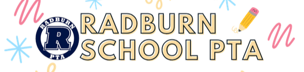 The text "RADBURN SCHOOL PTA" and a circular logo are centered in the foreground against a white background decorated with colorful scribbles and a small pencil.