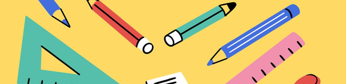 Colorful pencils, a ruler, and a triangle square are scattered across a solid yellow background.