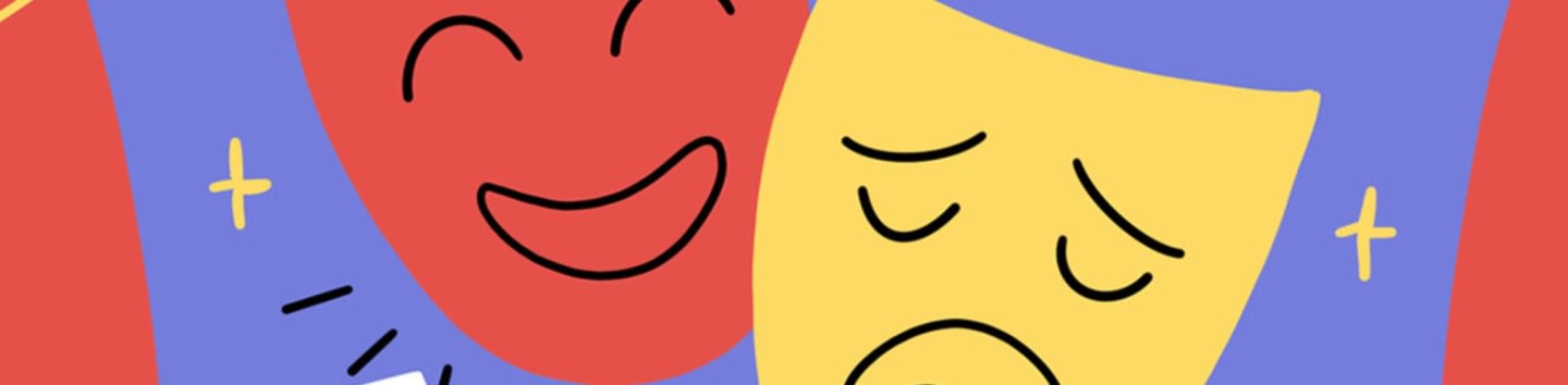 A red smiling face and a yellow sad face are positioned in the foreground against a purple and red background.