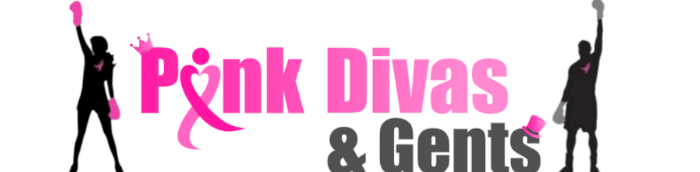 Silhouettes of two figures, one with a raised fist and the other with a raised arm, stand on either side of the text "Pink Divas & Gents" with the words "Empower Educate Encourage" and a website address below, all against a white background.