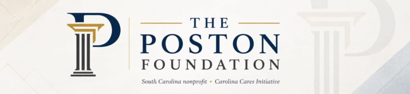 A stylized pillar forms the letter P in the foreground, with the words "THE POSTON FOUNDATION" and "South Carolina nonprofit + Carolina Cares initiative" in the center, all set against a background of faint architectural columns.