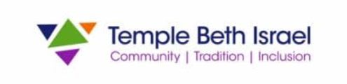 A logo with colorful triangles in the foreground and the text "Temple Beth Israel" with the tagline "Community | Tradition | Inclusion" in the background.
