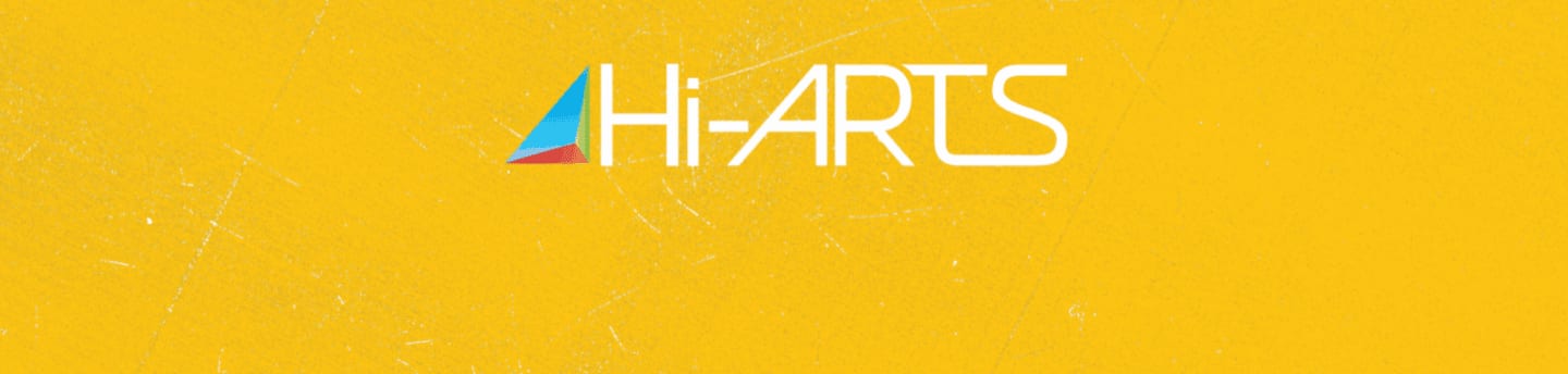 The white text "Hi-ARTS" and a colorful geometric logo are centered against a textured yellow background.