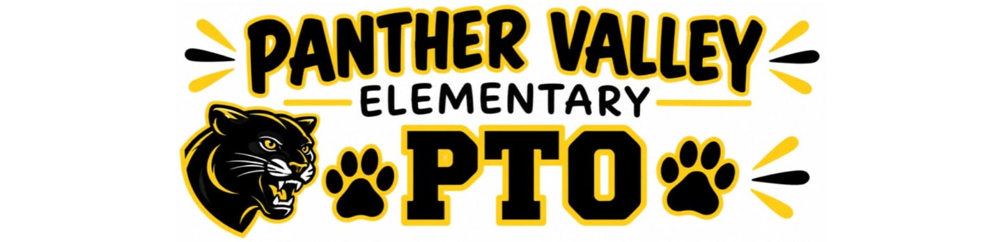 A logo for Panther Valley Elementary PTO featuring a black panther head and paw prints against a plain white background.