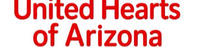Red hearts and blue figures holding hands form a circle above the text "United Hearts of Arizona" and "Corazones Unidos de Arizona" on a white background.