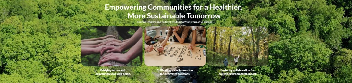 Three small photos showing hands on a tree, people working on a sustainability project, and people in a forest are set against a lush green forest background with white text.