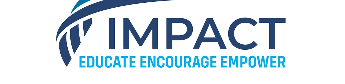 A blue graphic logo with the word "IMPACT" and the phrase "EDUCATE ENCOURAGE EMPOWER" is set against a plain white background.