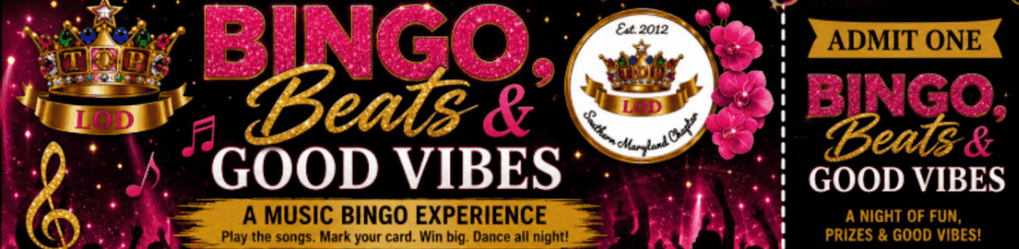 A vibrant ticket for "Bingo, Beats & Good Vibes" with a pink and black glittery design in the foreground and a blurred background of lights.