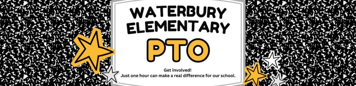 A white sign for Waterbury Elementary PTO with yellow and white stars in the foreground is set against a black and white speckled background.