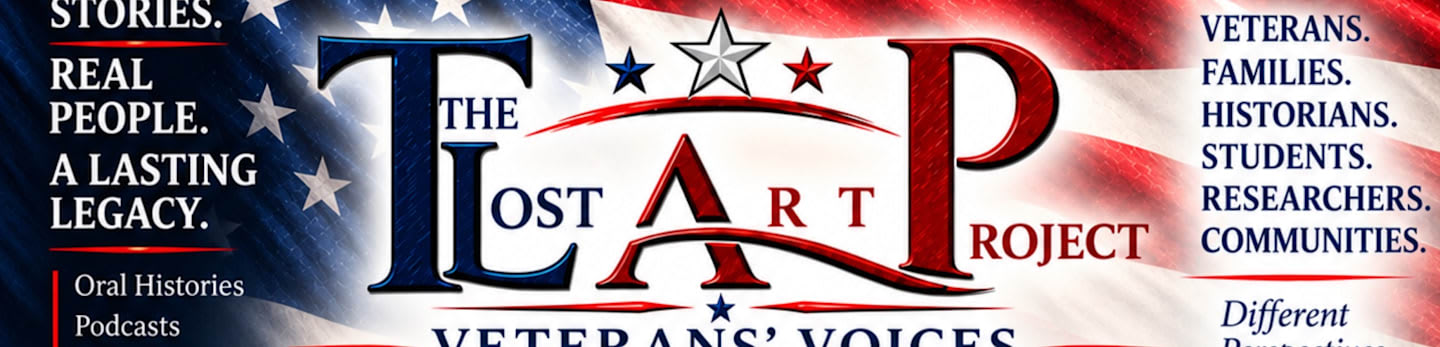A logo for "The Lost Art Project: Veterans' Voices" is centered over a waving American flag, flanked by lists of people and project goals on a black and white background.