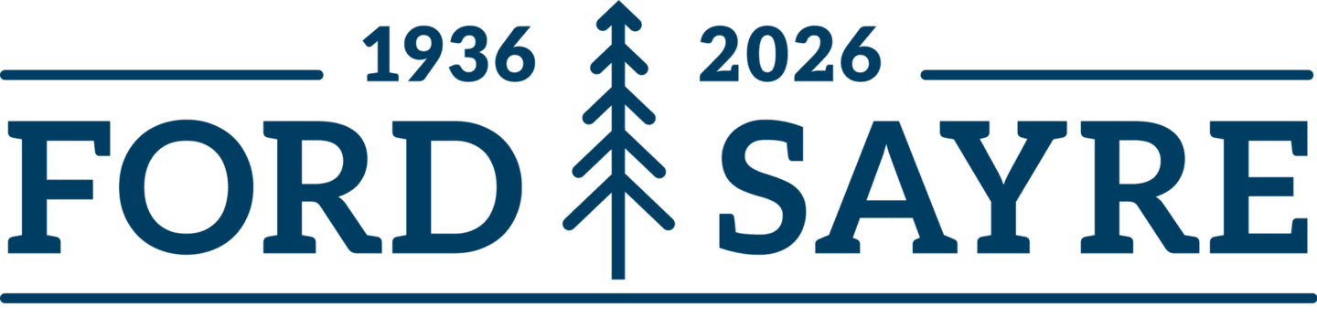 Dark blue text reading "FORD SAYRE" and the years "1936" and "2026" flank a stylized evergreen tree against a plain white background.