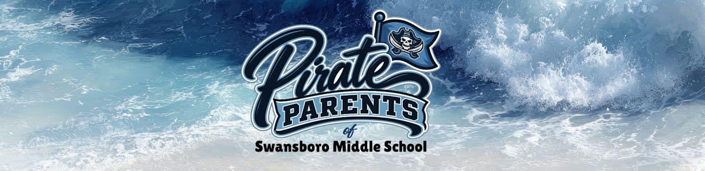 A "Pirate Parents of Swansboro Middle School" logo with a pirate flag is centered over a background of crashing ocean waves.