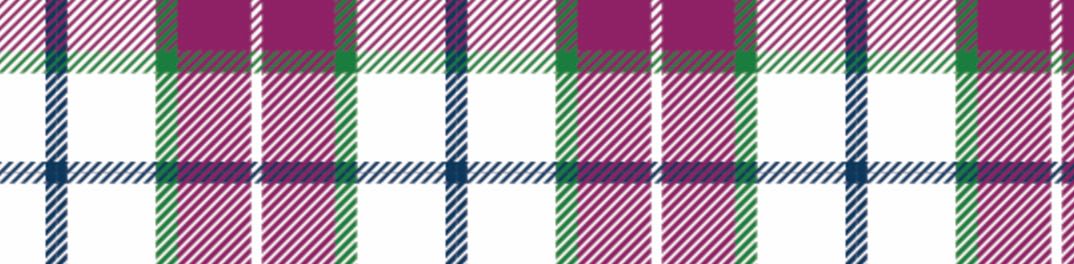 A plaid pattern featuring intersecting stripes of magenta, navy blue, and green over a white background.