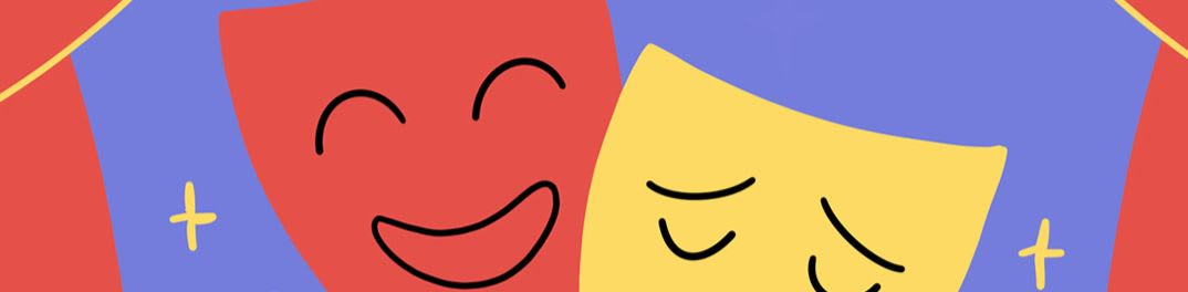 A happy red face and a sad yellow face are positioned in the foreground against a purple background with small yellow crosses.