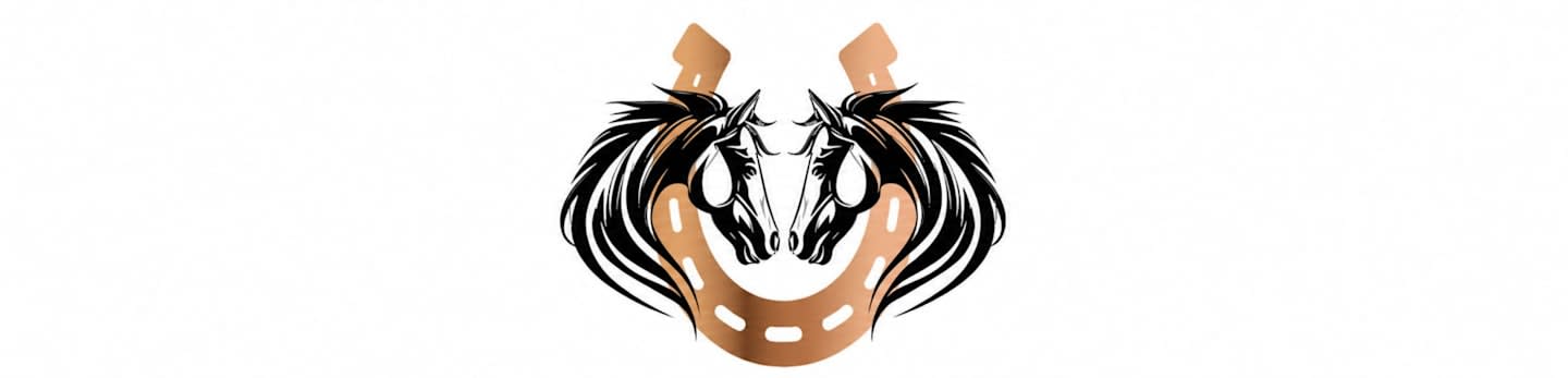 Two stylized horse heads face each other in front of a golden horseshoe against a plain white background.