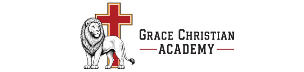 A white lion stands before a red and gold cross next to the text "GRACE CHRISTIAN ACADEMY" on a plain white background.