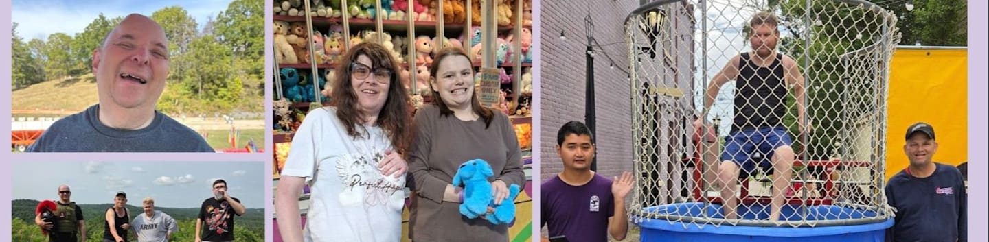 A collage of four photos featuring people smiling and posing in various outdoor settings, including a carnival game booth and a dunk tank.