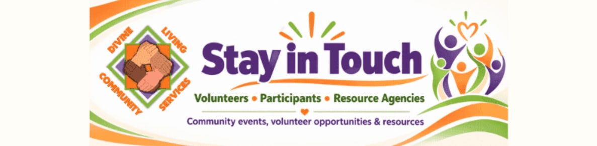 A colorful "Stay in Touch" banner featuring community-themed graphics sits centered against a blurred, white and purple background.