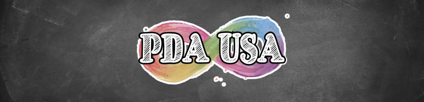 The text "PDA USA" is centered within a colorful, watercolor infinity symbol against a dark, textured chalkboard background.