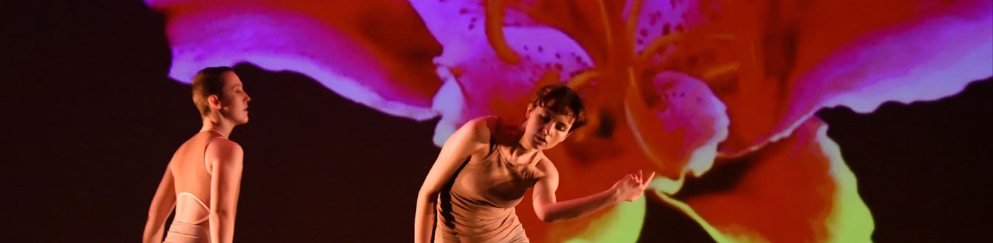 Two dancers perform in the foreground against a backdrop of a large, vibrant purple and orange flower.