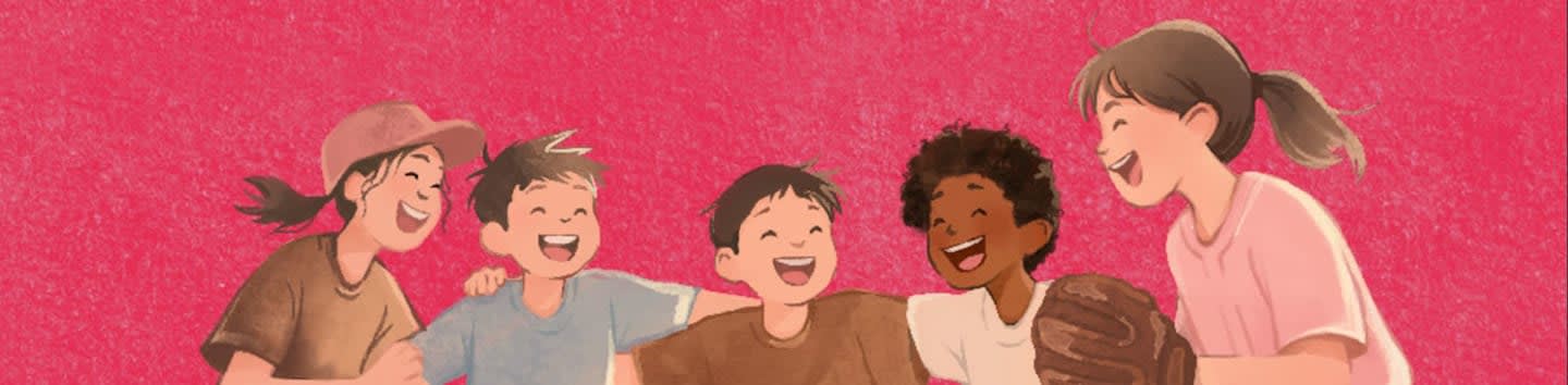Five laughing children stand together in the foreground against a textured red background.