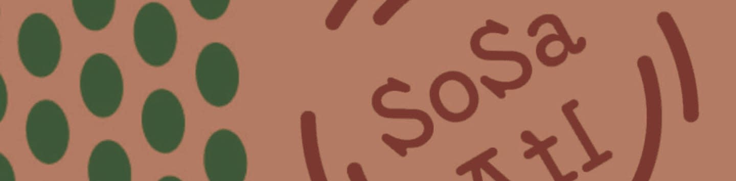 Green dots form a swirling pattern on the left, while the right features a circular logo with the text "SoSa Atl" against a brown background.