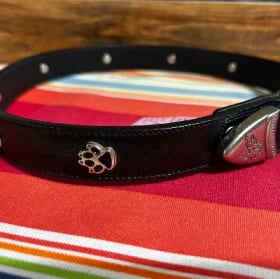 XL leather dog collar, 1" wide (black, paw and bone) item