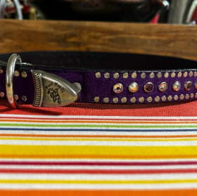 Large leather dog collar, 1" wide (purple, crystals) item