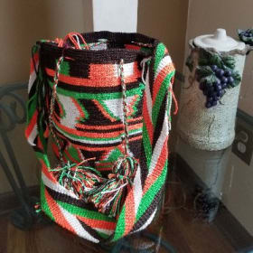 Orange, Green, Black & White Bag w/tie tassels by Lancheros item