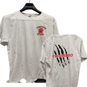 White Tshirt, paw front, claw print back item