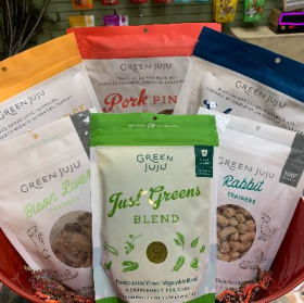 Green Juju treat basket- Has 6 assorted bags of freeze dried item